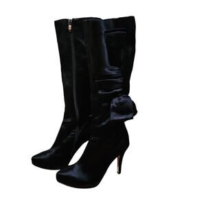 GLINT Designer Black Satin Tall Pump Boots with Bow Size 7.5M Elegant Glam